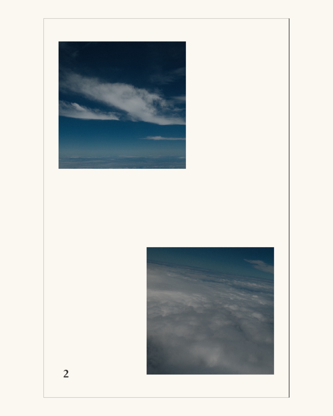 Page 2 of the zine: two small square photographs of sky and cloud from an aeroplane window, one high on the page and one low.