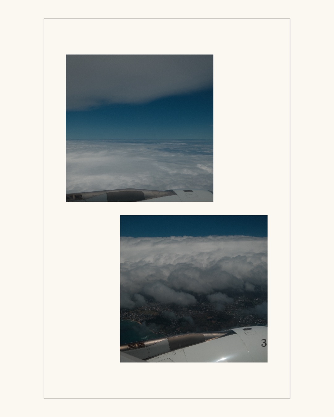 Page 3, facing it: two more window photographs, the wing and engine in the corner of each, over cloud and then over a coastline.